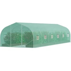 VEVOR Walk-in Tunnel Greenhouse, 29.5x9.8x6.6 ft Hoop House Greenhouse Tunnel, Peaked Roof Plant Hot House with Galvanized Steel Frame, Green PE Cover, Roll-up Zipper Door and 12 Windows for Outdoor