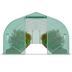 VEVOR Walk-in Tunnel Greenhouse, 29.5x9.8x6.6 ft Hoop House Greenhouse Tunnel, Peaked Roof Plant Hot House with Galvanized Steel Frame, Green PE Cover, Roll-up Zipper Door and 12 Windows for Outdoor