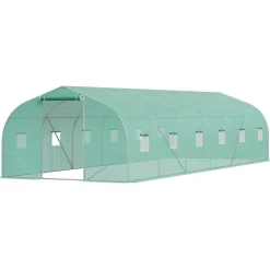 VEVOR Walk-in Tunnel Greenhouse, 29.5x9.8x6.6 ft Hoop House Greenhouse Tunnel, Peaked Roof Plant Hot House with Galvanized Steel Frame, Green PE Cover, Roll-up Zipper Door and 12 Windows for Outdoor