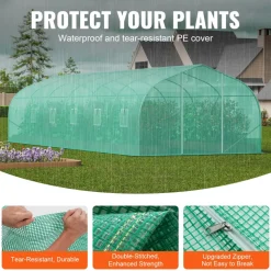 VEVOR Walk-in Tunnel Greenhouse, 29.5x9.8x6.6 ft Hoop House Greenhouse Tunnel, Peaked Roof Plant Hot House with Galvanized Steel Frame, Green PE Cover, Roll-up Zipper Door and 12 Windows for Outdoor