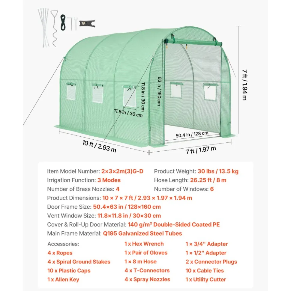 VEVOR Walk-in Tunnel Greenhouse, 10 x 7 x 7 ft Hoop House Greenhouse Tunnel, Plant Hot House with 4 Nozzles, 26.25 ft Hose, Steel Frame, PE Cover, Roll-up Zipper Door and 6 Windows for Outdoors, Green