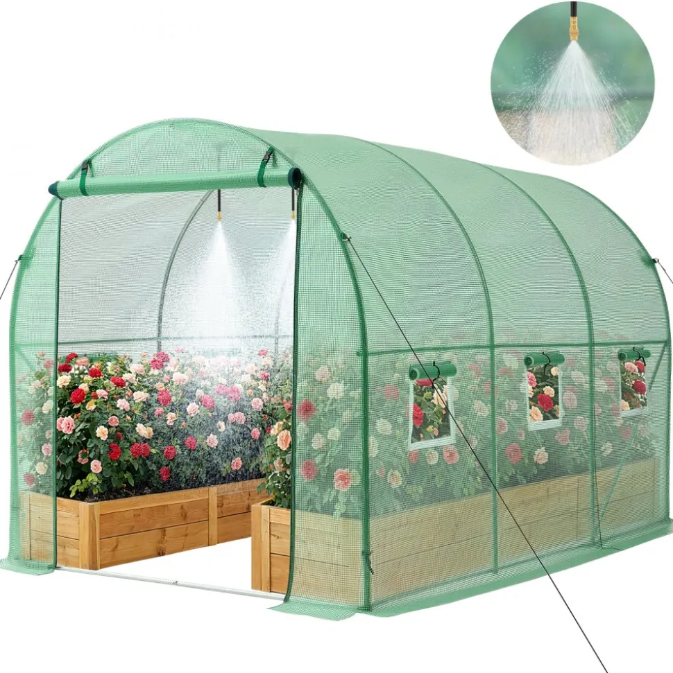 VEVOR Walk-in Tunnel Greenhouse, 10 x 7 x 7 ft Hoop House Greenhouse Tunnel, Plant Hot House with 4 Nozzles, 26.25 ft Hose, Steel Frame, PE Cover, Roll-up Zipper Door and 6 Windows for Outdoors, Green