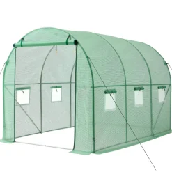 VEVOR Walk-in Tunnel Greenhouse, 10 x 7 x 7 ft Hoop House Greenhouse Tunnel, Plant Hot House with 4 Nozzles, 26.25 ft Hose, Steel Frame, PE Cover, Roll-up Zipper Door and 6 Windows for Outdoors, Green