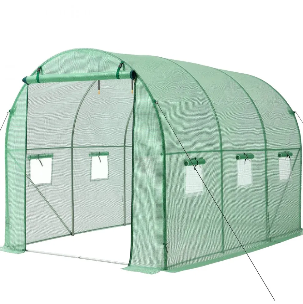 VEVOR Walk-in Tunnel Greenhouse, 10 x 7 x 7 ft Hoop House Greenhouse Tunnel, Plant Hot House with 4 Nozzles, 26.25 ft Hose, Steel Frame, PE Cover, Roll-up Zipper Door and 6 Windows for Outdoors, Green
