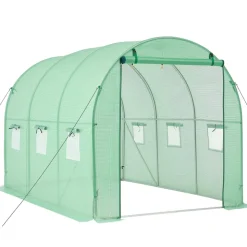 VEVOR Walk-in Tunnel Greenhouse, 10 x 7 x 7 ft Hoop House Greenhouse Tunnel, Plant Hot House with 4 Nozzles, 26.25 ft Hose, Steel Frame, PE Cover, Roll-up Zipper Door and 6 Windows for Outdoors, Green