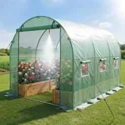 VEVOR Walk-in Tunnel Greenhouse, 10 x 7 x 7 ft Hoop House Greenhouse Tunnel, Plant Hot House with 4 Nozzles, 26.25 ft Hose, Steel Frame, PE Cover, Roll-up Zipper Door and 6 Windows for Outdoors, Green