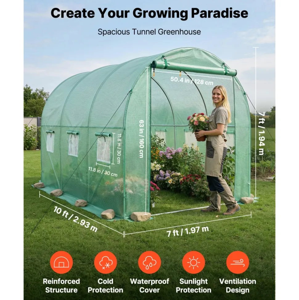 VEVOR Walk-in Tunnel Greenhouse, 10 x 7 x 7 ft Hoop House Greenhouse Tunnel, Plant Hot House with 4 Nozzles, 26.25 ft Hose, Steel Frame, PE Cover, Roll-up Zipper Door and 6 Windows for Outdoors, Green