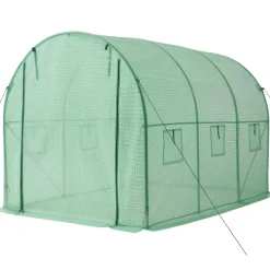 VEVOR Walk-in Tunnel Greenhouse, 10 x 7 x 7 ft Hoop House Greenhouse Tunnel, Plant Hot House with 4 Nozzles, 26.25 ft Hose, Steel Frame, PE Cover, Roll-up Zipper Door and 6 Windows for Outdoors, Green
