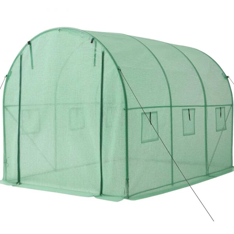 VEVOR Walk-in Tunnel Greenhouse, 10 x 7 x 7 ft Hoop House Greenhouse Tunnel, Plant Hot House with 4 Nozzles, 26.25 ft Hose, Steel Frame, PE Cover, Roll-up Zipper Door and 6 Windows for Outdoors, Green