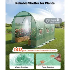 VEVOR Walk-in Tunnel Greenhouse, 10 x 7 x 7 ft Hoop House Greenhouse Tunnel, Plant Hot House with 4 Nozzles, 26.25 ft Hose, Steel Frame, PE Cover, Roll-up Zipper Door and 6 Windows for Outdoors, Green