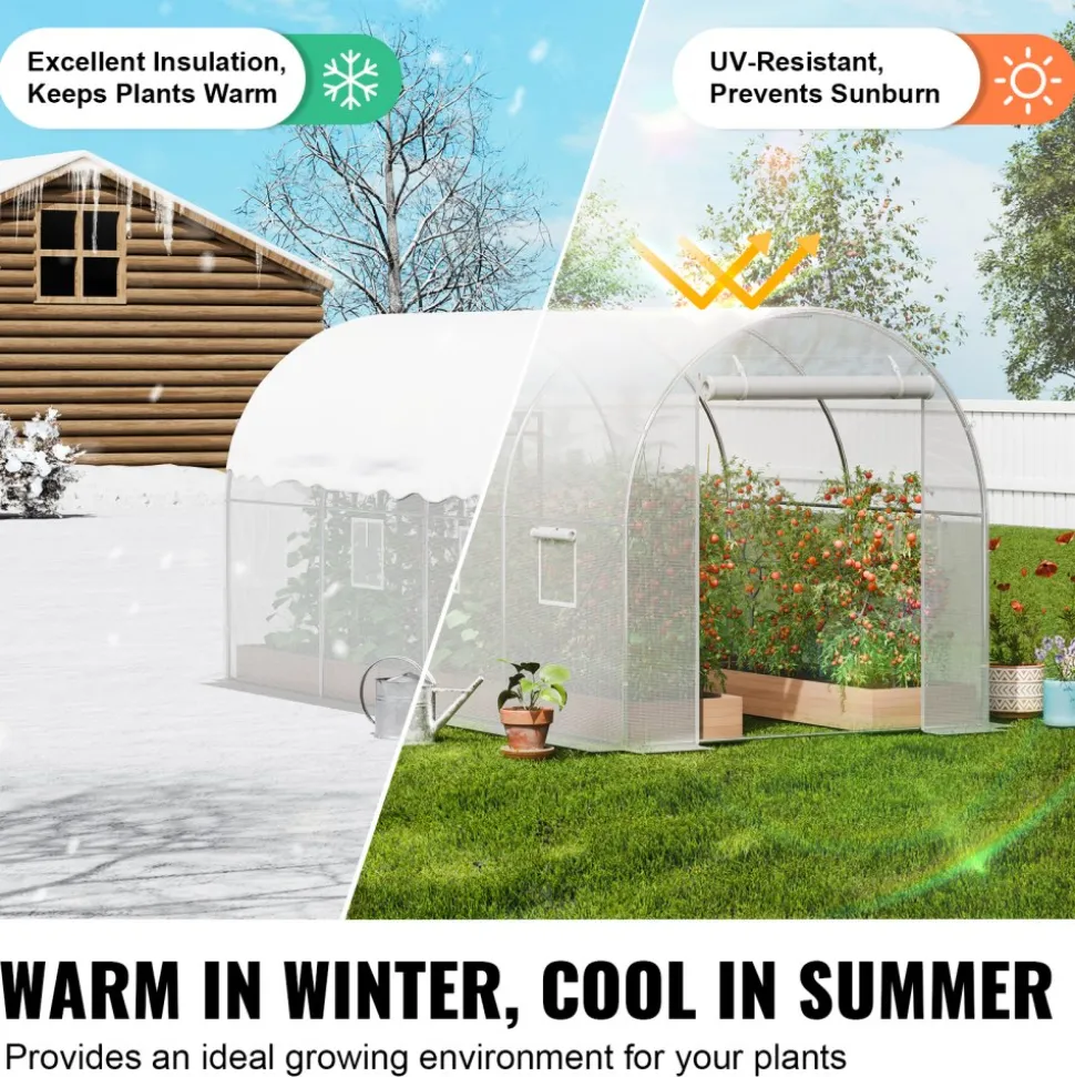 VEVOR Walk-in Tunnel Greenhouse, 9.6x6.4x6.2 ft Hoop House Greenhouse Tunnel, Plant Hot House with Galvanized Steel Frame, White PE Cover, Roll-up Zipper Door and 6 Windows for Outdoor