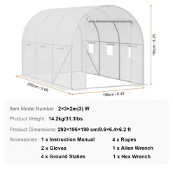 VEVOR Walk-in Tunnel Greenhouse, 9.6x6.4x6.2 ft Hoop House Greenhouse Tunnel, Plant Hot House with Galvanized Steel Frame, White PE Cover, Roll-up Zipper Door and 6 Windows for Outdoor