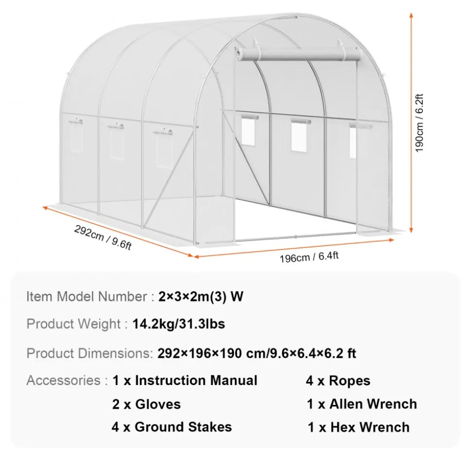 VEVOR Walk-in Tunnel Greenhouse, 9.6x6.4x6.2 ft Hoop House Greenhouse Tunnel, Plant Hot House with Galvanized Steel Frame, White PE Cover, Roll-up Zipper Door and 6 Windows for Outdoor