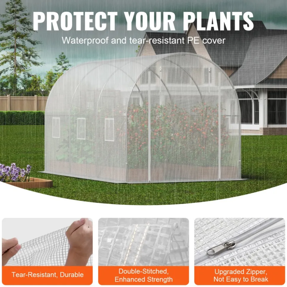 VEVOR Walk-in Tunnel Greenhouse, 9.6x6.4x6.2 ft Hoop House Greenhouse Tunnel, Plant Hot House with Galvanized Steel Frame, White PE Cover, Roll-up Zipper Door and 6 Windows for Outdoor