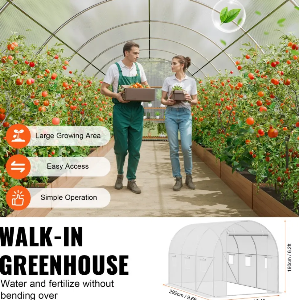 VEVOR Walk-in Tunnel Greenhouse, 9.6x6.4x6.2 ft Hoop House Greenhouse Tunnel, Plant Hot House with Galvanized Steel Frame, White PE Cover, Roll-up Zipper Door and 6 Windows for Outdoor