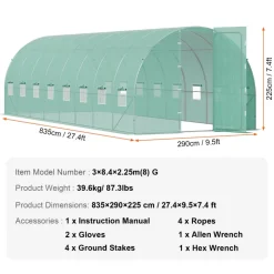 VEVOR Walk-in Tunnel Greenhouse, 19.4x9.7x7.4 ft Hoop House Greenhouse Tunnel, Plant Hot House with Galvanized Steel Frame, Green PE Cover, Swing Door and 12 Roll-up Windows for Outdoor