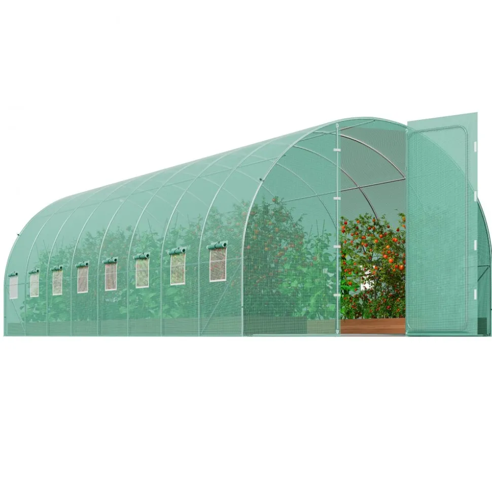 VEVOR Walk-in Tunnel Greenhouse, 19.4x9.7x7.4 ft Hoop House Greenhouse Tunnel, Plant Hot House with Galvanized Steel Frame, Green PE Cover, Swing Door and 12 Roll-up Windows for Outdoor