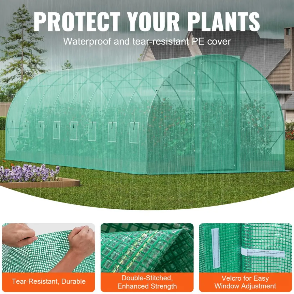 VEVOR Walk-in Tunnel Greenhouse, 19.4x9.7x7.4 ft Hoop House Greenhouse Tunnel, Plant Hot House with Galvanized Steel Frame, Green PE Cover, Swing Door and 12 Roll-up Windows for Outdoor