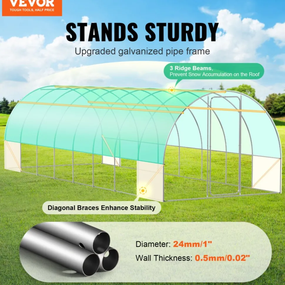 VEVOR Walk-in Tunnel Greenhouse, 19.4x9.7x7.4 ft Hoop House Greenhouse Tunnel, Plant Hot House with Galvanized Steel Frame, Green PE Cover, Swing Door and 12 Roll-up Windows for Outdoor