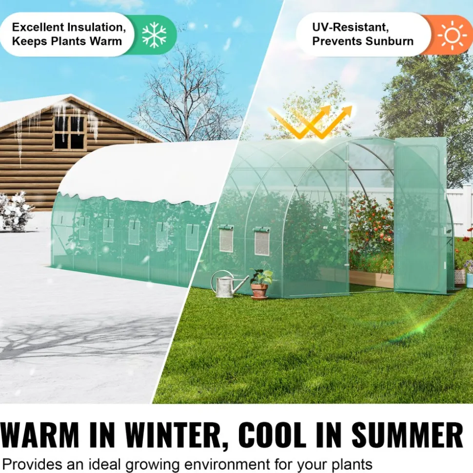 VEVOR Walk-in Tunnel Greenhouse, 19.4x9.7x7.4 ft Hoop House Greenhouse Tunnel, Plant Hot House with Galvanized Steel Frame, Green PE Cover, Swing Door and 12 Roll-up Windows for Outdoor
