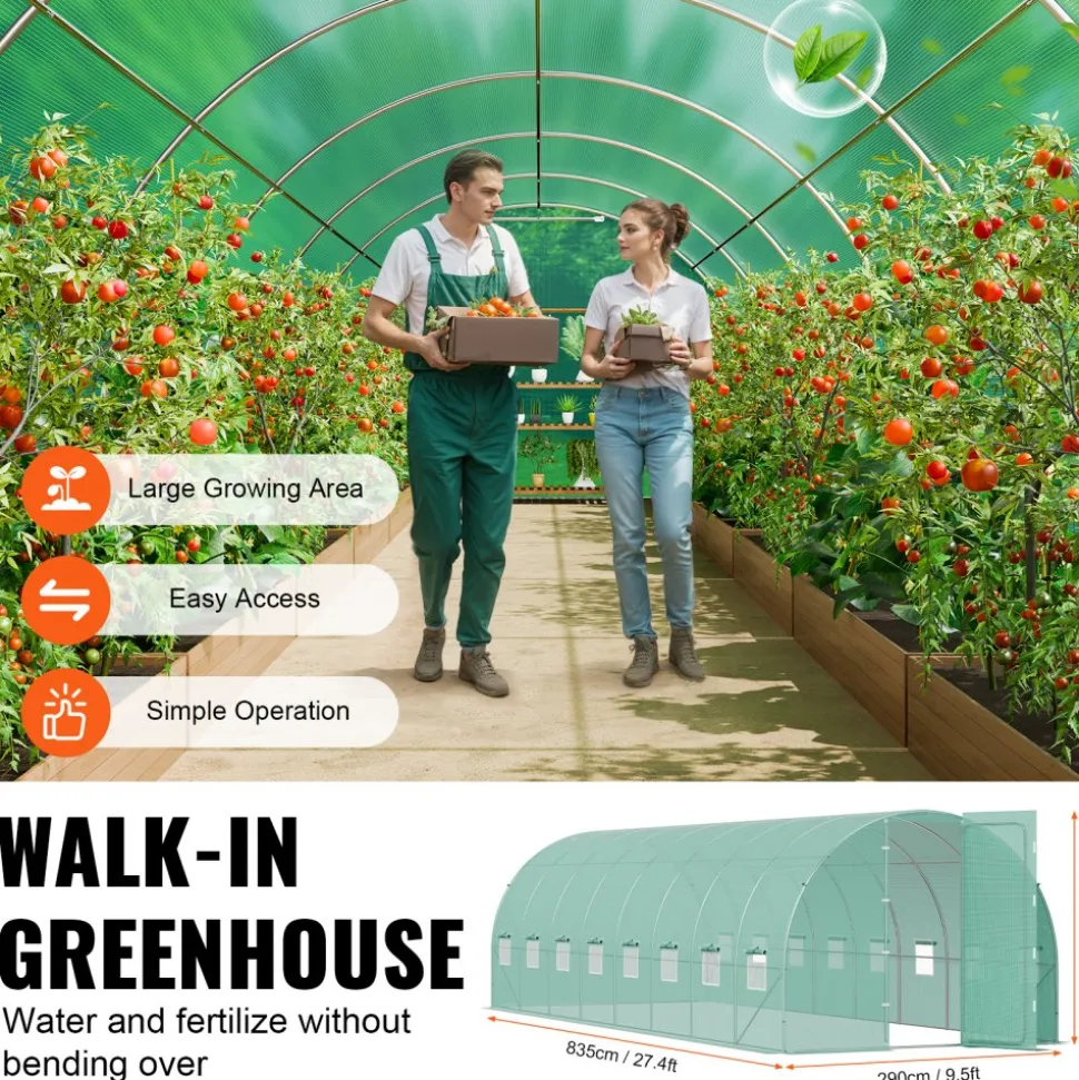 VEVOR Walk-in Tunnel Greenhouse, 19.4x9.7x7.4 ft Hoop House Greenhouse Tunnel, Plant Hot House with Galvanized Steel Frame, Green PE Cover, Swing Door and 12 Roll-up Windows for Outdoor