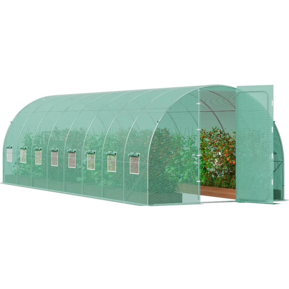 VEVOR Walk-in Tunnel Greenhouse, 19.4x9.7x7.4 ft Hoop House Greenhouse Tunnel, Plant Hot House with Galvanized Steel Frame, Green PE Cover, Swing Door and 12 Roll-up Windows for Outdoor