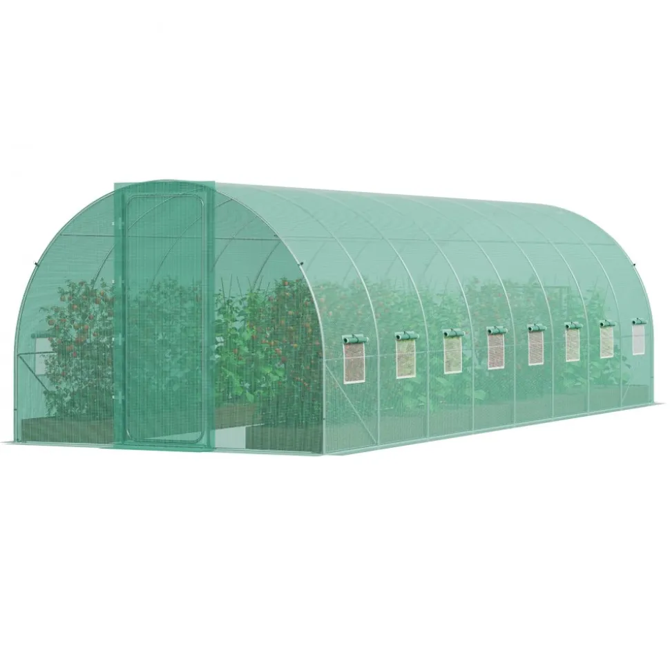 VEVOR Walk-in Tunnel Greenhouse, 19.4x9.7x7.4 ft Hoop House Greenhouse Tunnel, Plant Hot House with Galvanized Steel Frame, Green PE Cover, Swing Door and 12 Roll-up Windows for Outdoor