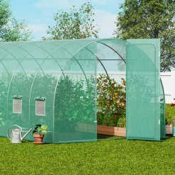 VEVOR Walk-in Tunnel Greenhouse, 19.4x9.7x7.4 ft Hoop House Greenhouse Tunnel, Plant Hot House with Galvanized Steel Frame, Green PE Cover, Swing Door and 12 Roll-up Windows for Outdoor