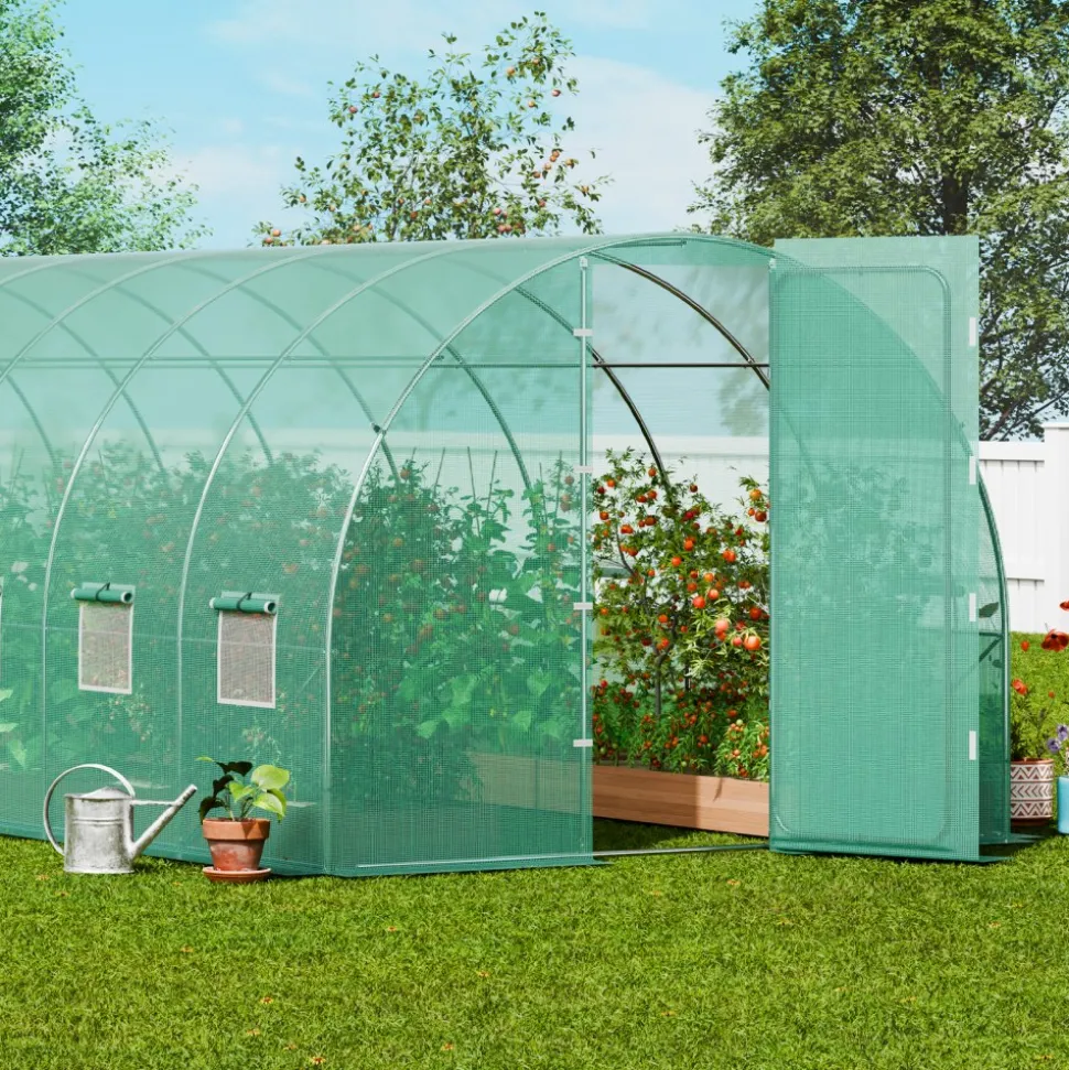 VEVOR Walk-in Tunnel Greenhouse, 19.4x9.7x7.4 ft Hoop House Greenhouse Tunnel, Plant Hot House with Galvanized Steel Frame, Green PE Cover, Swing Door and 12 Roll-up Windows for Outdoor
