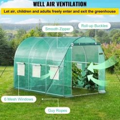 VEVOR Walk-in Tunnel Greenhouse, 15 x 7 x 7 ft Hoop House Greenhouse Tunnel with Watering System, Plant Hot House with Steel Frame, PE Cover, Roll-Up Zipper Door and 8 Windows for Outdoors, Green