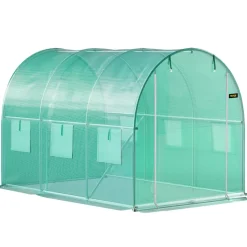 VEVOR Walk-in Tunnel Greenhouse, 15 x 7 x 7 ft Hoop House Greenhouse Tunnel with Watering System, Plant Hot House with Steel Frame, PE Cover, Roll-Up Zipper Door and 8 Windows for Outdoors, Green