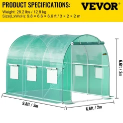 VEVOR Walk-in Tunnel Greenhouse, 15 x 7 x 7 ft Hoop House Greenhouse Tunnel with Watering System, Plant Hot House with Steel Frame, PE Cover, Roll-Up Zipper Door and 8 Windows for Outdoors, Green
