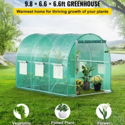 VEVOR Walk-in Tunnel Greenhouse, 15 x 7 x 7 ft Hoop House Greenhouse Tunnel with Watering System, Plant Hot House with Steel Frame, PE Cover, Roll-Up Zipper Door and 8 Windows for Outdoors, Green