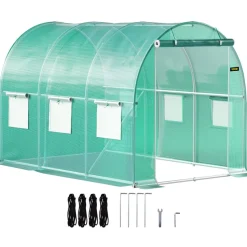 VEVOR Walk-in Tunnel Greenhouse, 15 x 7 x 7 ft Hoop House Greenhouse Tunnel with Watering System, Plant Hot House with Steel Frame, PE Cover, Roll-Up Zipper Door and 8 Windows for Outdoors, Green