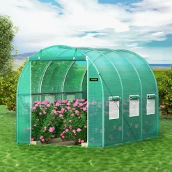 VEVOR Walk-in Tunnel Greenhouse, 15 x 7 x 7 ft Hoop House Greenhouse Tunnel with Watering System, Plant Hot House with Steel Frame, PE Cover, Roll-Up Zipper Door and 8 Windows for Outdoors, Green