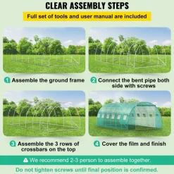 VEVOR Walk-in Tunnel Greenhouse, 20 x 10 x 7 ft Portable Plant Hot House with Galvanized Steel Hoops, 3 Top Beams, Diagonal Poles, 2 Zippered Doors & 12 Roll-up Windows, Green