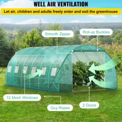 VEVOR Walk-in Tunnel Greenhouse, 20 x 10 x 7 ft Portable Plant Hot House with Galvanized Steel Hoops, 3 Top Beams, Diagonal Poles, 2 Zippered Doors & 12 Roll-up Windows, Green