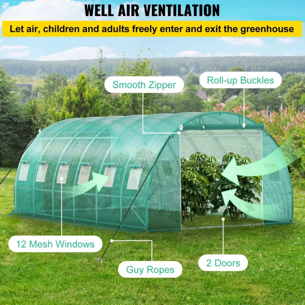 VEVOR Walk-in Tunnel Greenhouse, 20 x 10 x 7 ft Portable Plant Hot House with Galvanized Steel Hoops, 3 Top Beams, Diagonal Poles, 2 Zippered Doors & 12 Roll-up Windows, Green
