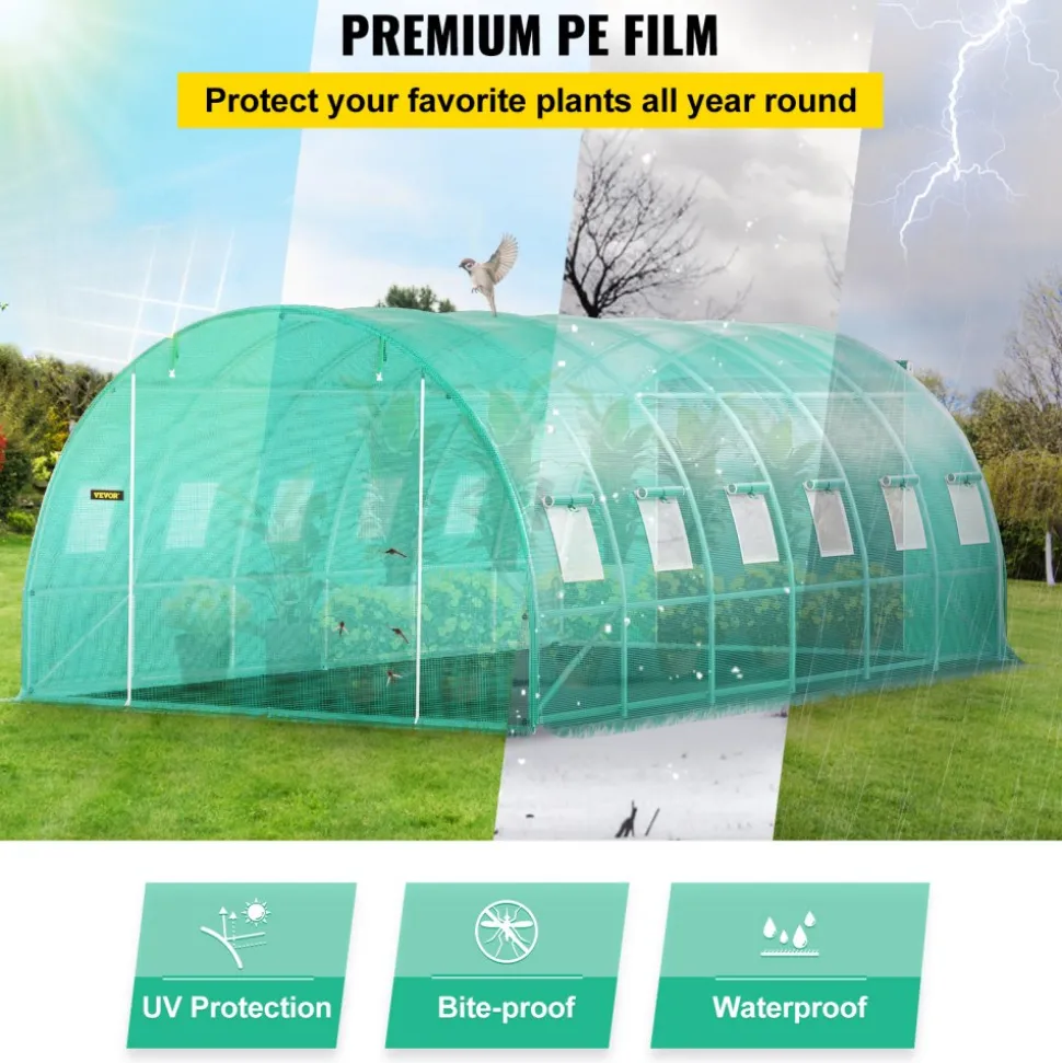 VEVOR Walk-in Tunnel Greenhouse, 20 x 10 x 7 ft Portable Plant Hot House with Galvanized Steel Hoops, 3 Top Beams, Diagonal Poles, 2 Zippered Doors & 12 Roll-up Windows, Green
