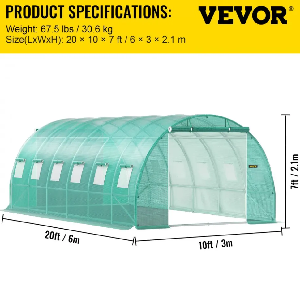 VEVOR Walk-in Tunnel Greenhouse, 20 x 10 x 7 ft Portable Plant Hot House with Galvanized Steel Hoops, 3 Top Beams, Diagonal Poles, 2 Zippered Doors & 12 Roll-up Windows, Green