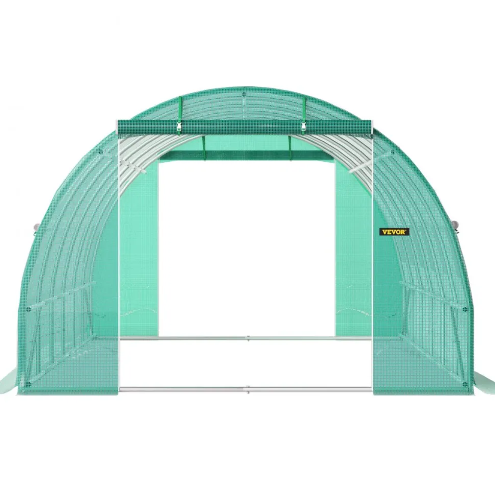 VEVOR Walk-in Tunnel Greenhouse, 20 x 10 x 7 ft Portable Plant Hot House with Galvanized Steel Hoops, 3 Top Beams, Diagonal Poles, 2 Zippered Doors & 12 Roll-up Windows, Green