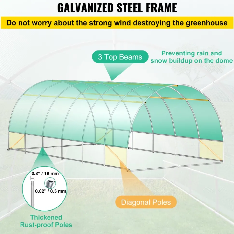 VEVOR Walk-in Tunnel Greenhouse, 20 x 10 x 7 ft Portable Plant Hot House with Galvanized Steel Hoops, 3 Top Beams, Diagonal Poles, 2 Zippered Doors & 12 Roll-up Windows, Green
