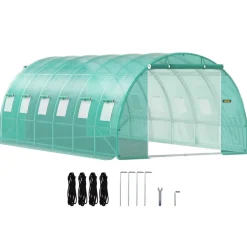 VEVOR Walk-in Tunnel Greenhouse, 20 x 10 x 7 ft Portable Plant Hot House with Galvanized Steel Hoops, 3 Top Beams, Diagonal Poles, 2 Zippered Doors & 12 Roll-up Windows, Green