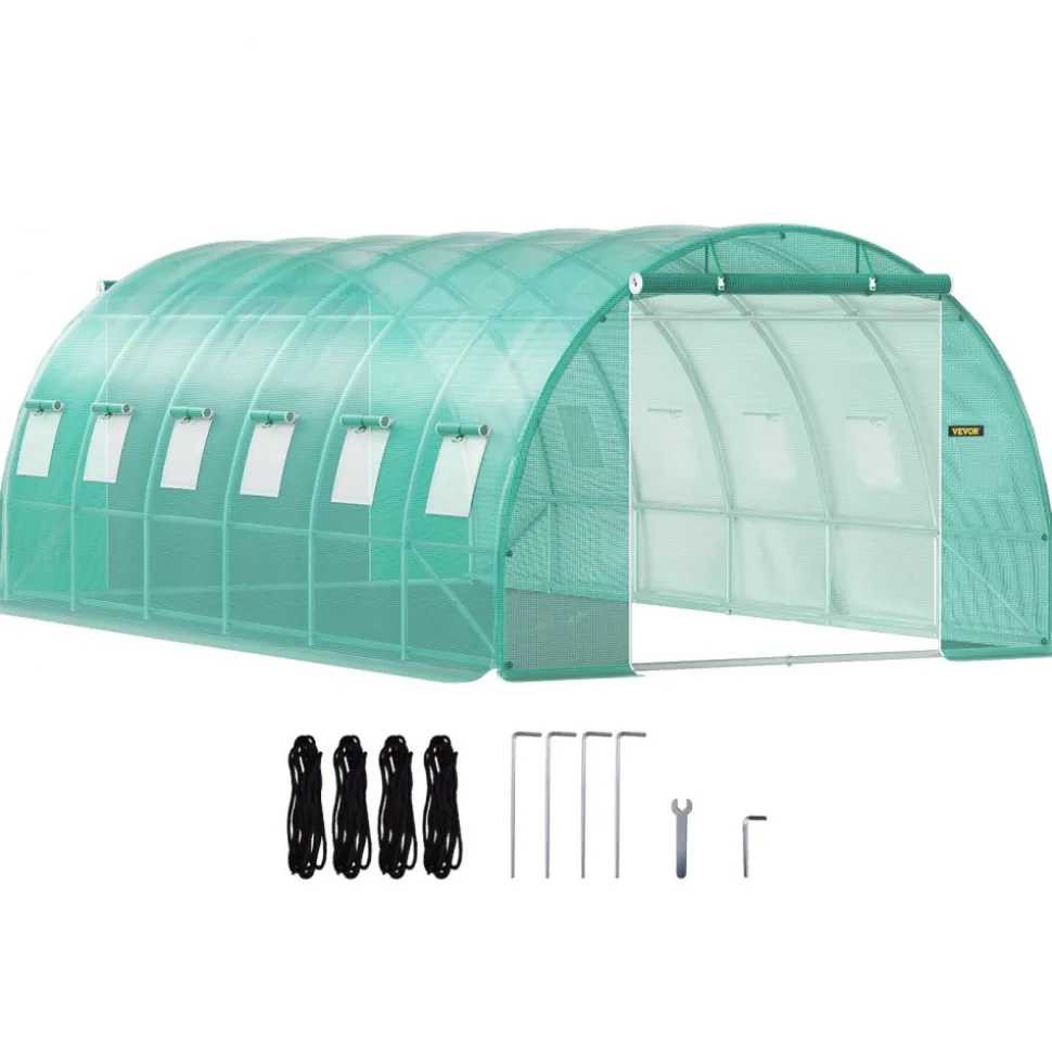 VEVOR Walk-in Tunnel Greenhouse, 20 x 10 x 7 ft Portable Plant Hot House with Galvanized Steel Hoops, 3 Top Beams, Diagonal Poles, 2 Zippered Doors & 12 Roll-up Windows, Green