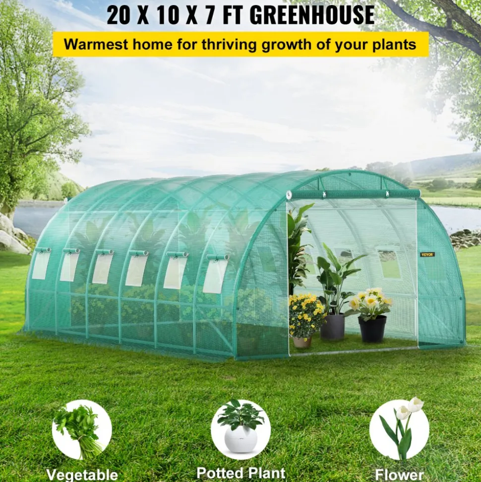VEVOR Walk-in Tunnel Greenhouse, 20 x 10 x 7 ft Portable Plant Hot House with Galvanized Steel Hoops, 3 Top Beams, Diagonal Poles, 2 Zippered Doors & 12 Roll-up Windows, Green