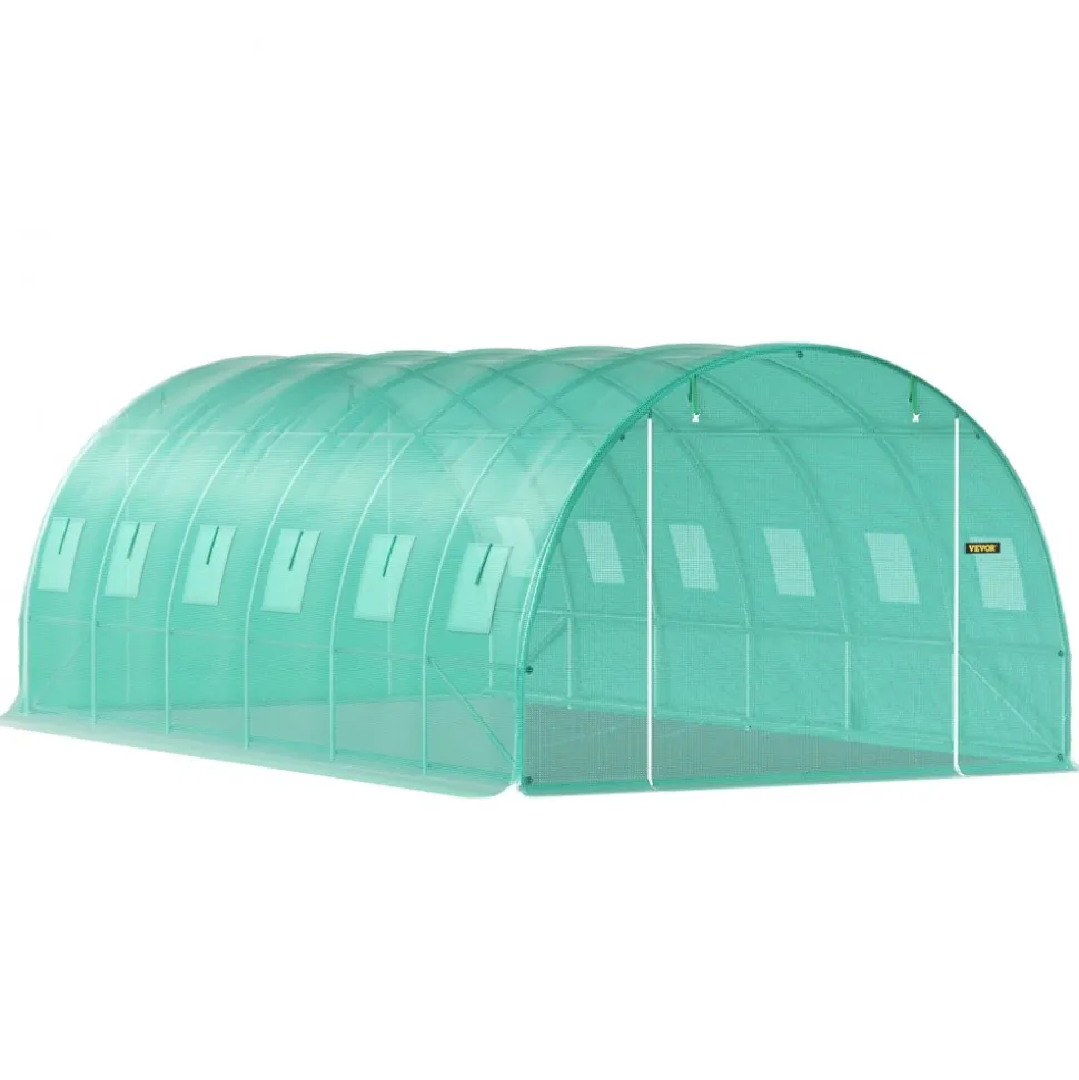 VEVOR Walk-in Tunnel Greenhouse, 20 x 10 x 7 ft Portable Plant Hot House with Galvanized Steel Hoops, 3 Top Beams, Diagonal Poles, 2 Zippered Doors & 12 Roll-up Windows, Green