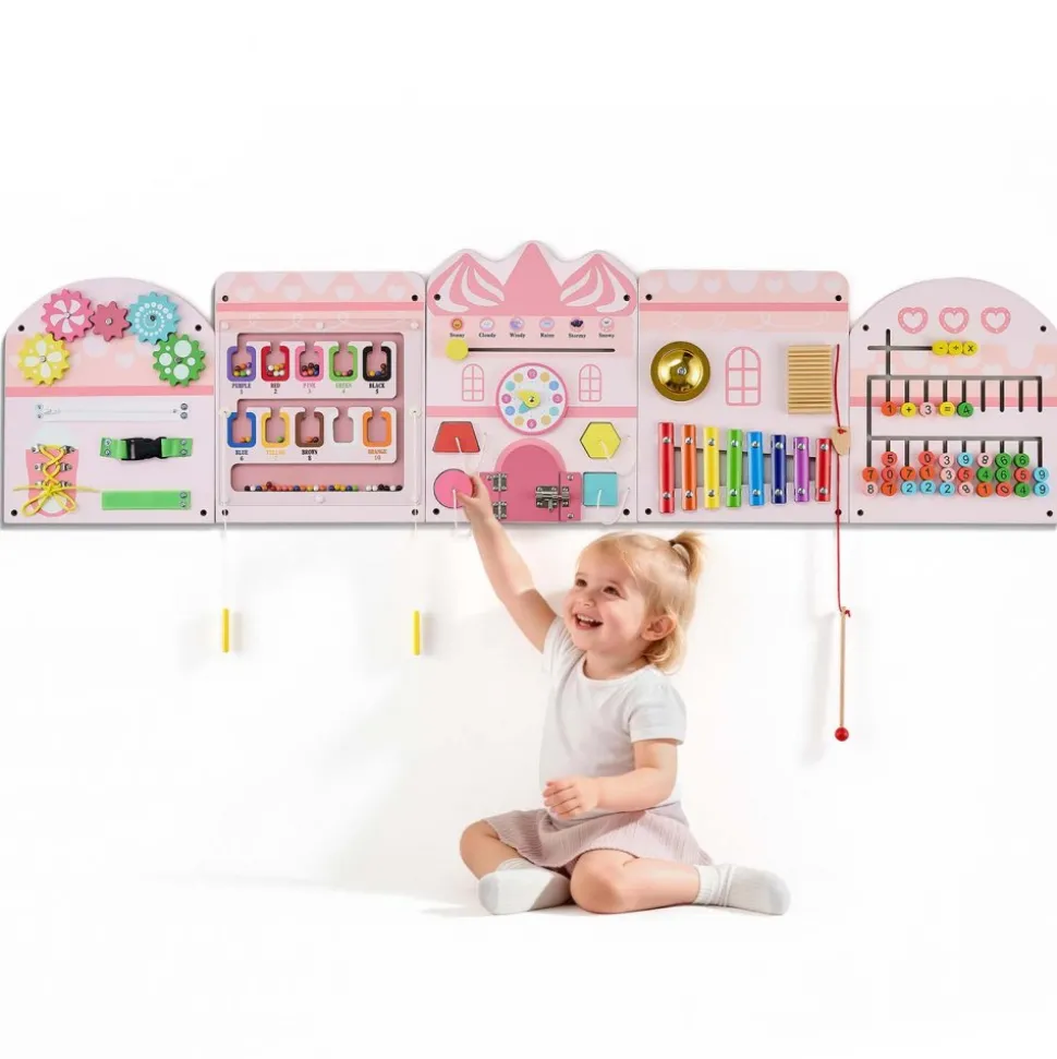 VEVOR Wall Busy Board, 14-in-1 Castle Montessori Sensory Activity Panels, Learning Activity Center for Daycare, Classroom, Playroom, and Home, Sturdy Wooden Educational Toys, with Mounting Hardware