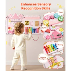 VEVOR Wall Busy Board, 14-in-1 Castle Montessori Sensory Activity Panels, Learning Activity Center for Daycare, Classroom, Playroom, and Home, Sturdy Wooden Educational Toys, with Mounting Hardware
