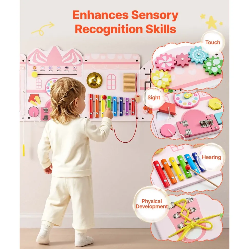 VEVOR Wall Busy Board, 14-in-1 Castle Montessori Sensory Activity Panels, Learning Activity Center for Daycare, Classroom, Playroom, and Home, Sturdy Wooden Educational Toys, with Mounting Hardware