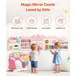 VEVOR Wall Busy Board, 14-in-1 Castle Montessori Sensory Activity Panels, Learning Activity Center for Daycare, Classroom, Playroom, and Home, Sturdy Wooden Educational Toys, with Mounting Hardware